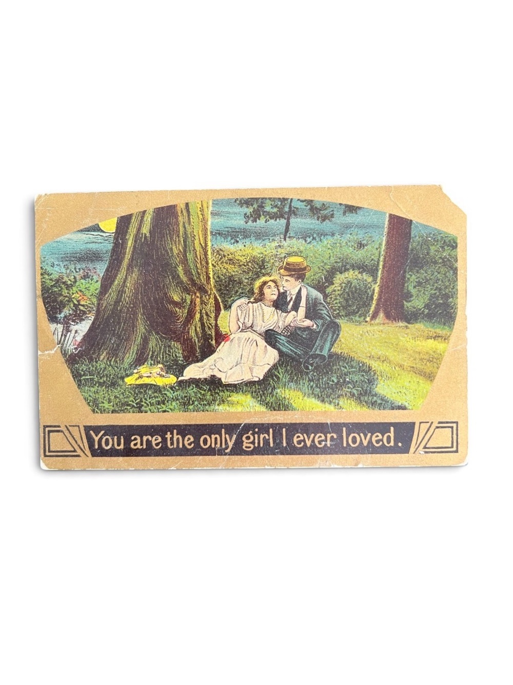 1909 Romantic Art Postcard - Tan, Green, Blue